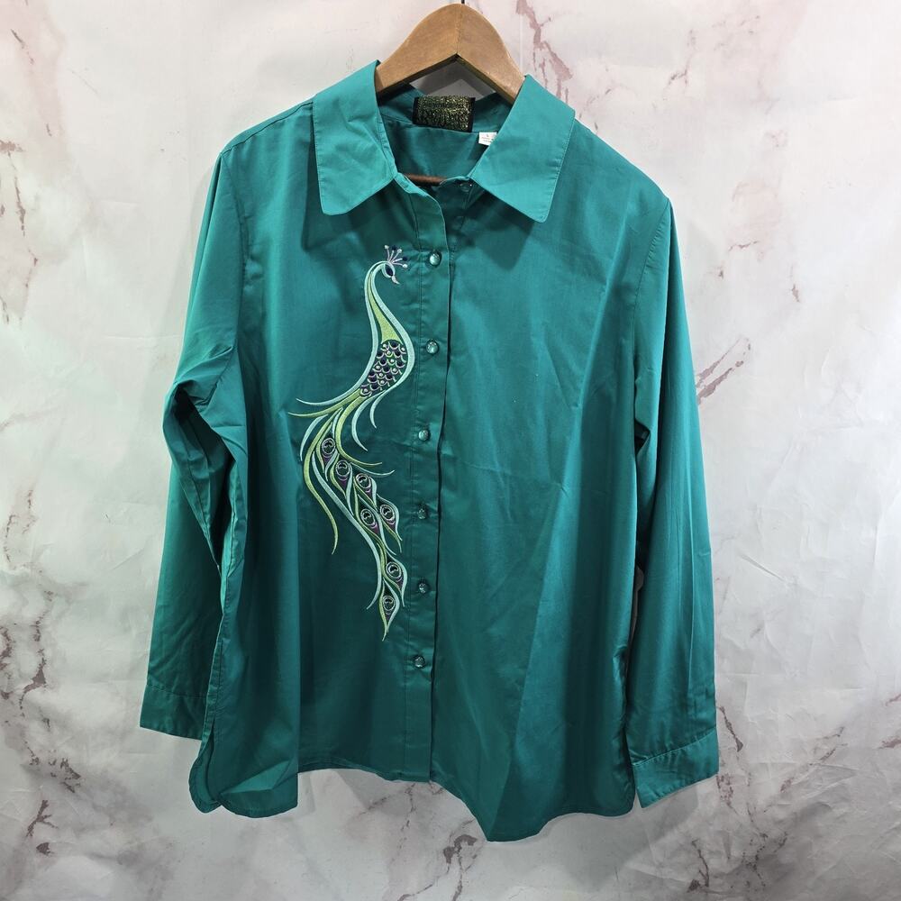 Bob Mackie Shirt Womens Large Green Button Up Bird Peacock Embroidered Long